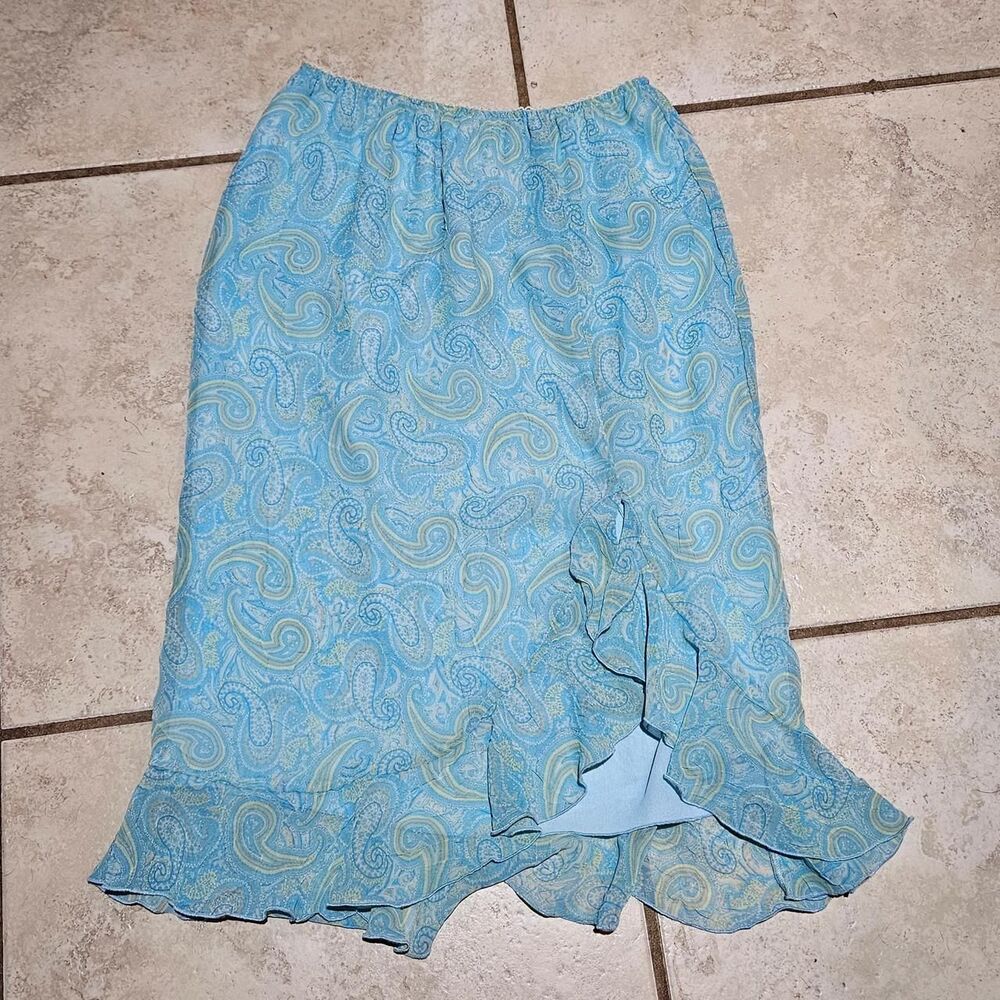 y2k fairy boho blue green paisley ruffle midi skirt